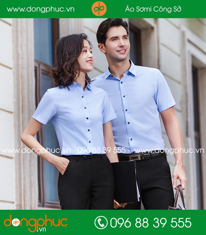 Đồng phục áo sơ mi màu xanh dương cộc tay